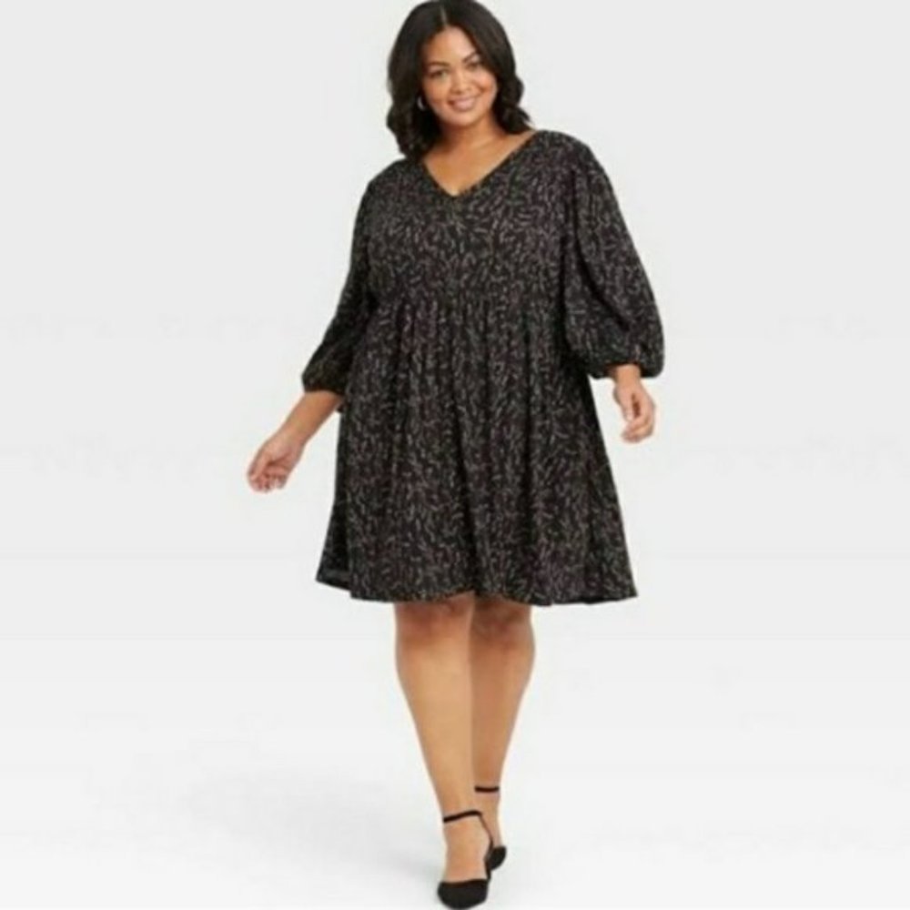 Ava & Viv Long Sleeve Babydoll Dress, Black Floral Print